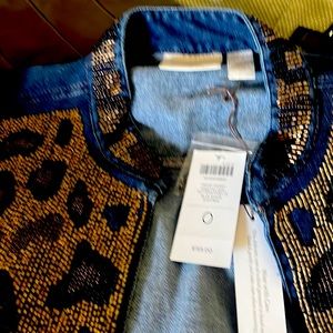 Denim jacket with gold and black pearls